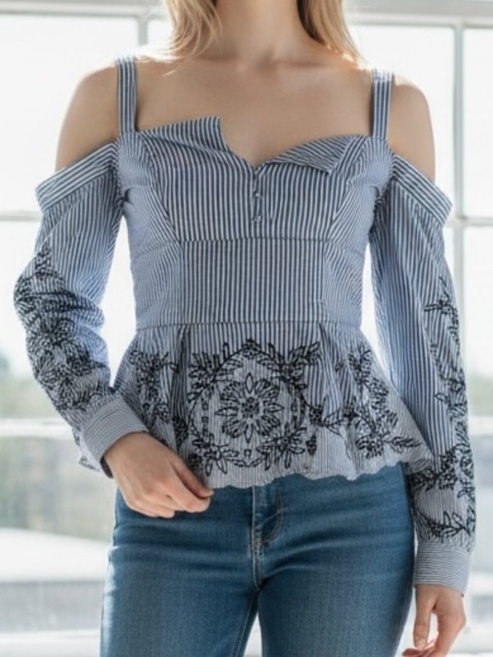 Parker Peplum Blouse Small Blue Stripe Embroidered Off Shoulder